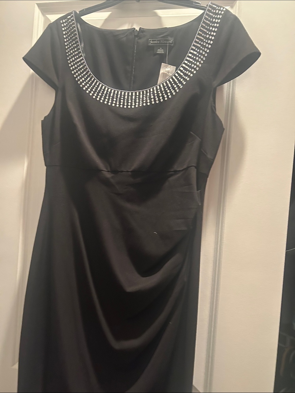 Jessica Howard Black Midi Sheath Dress with Rhinestone Scoop Neck